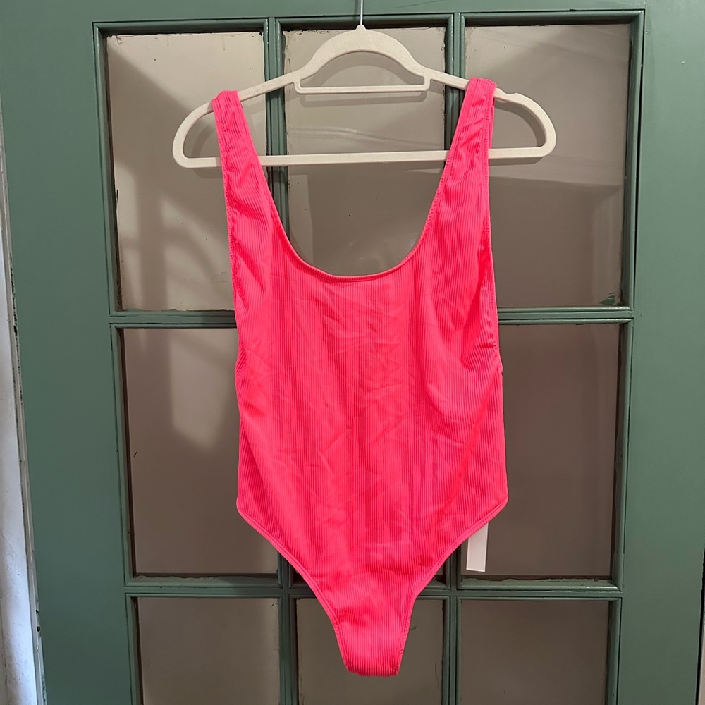 TopShop Ribbed Scoop Neck One Piece Swimsuit Bright Pink Size 10